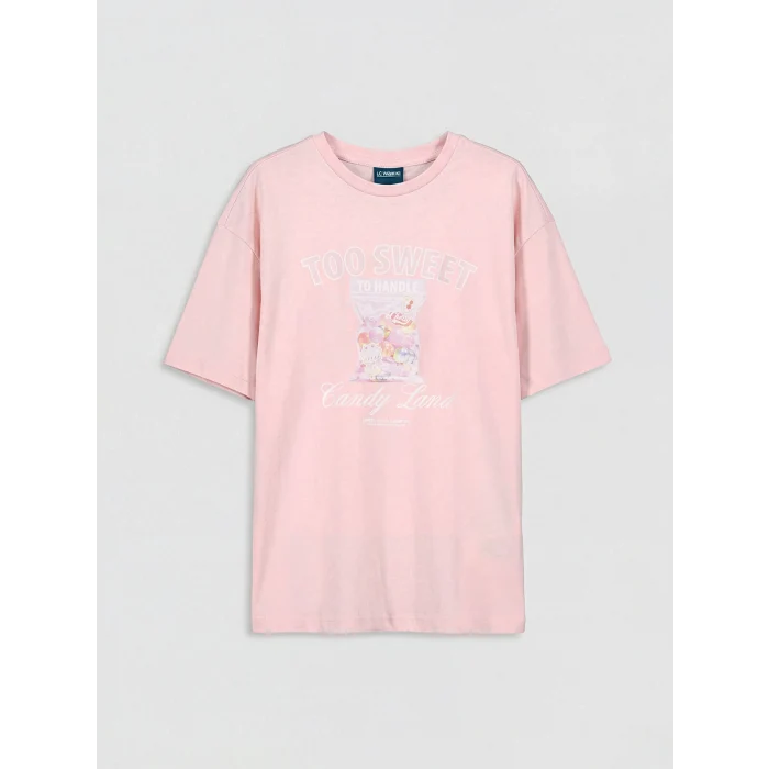 LCW Kids Pembe Bisiklet Yaka Baskılı Kız Çocuk Tişört