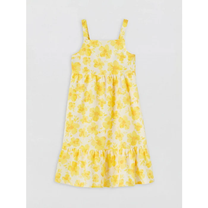 LCW Kids Sarı Kare Yaka Çiçekli Kız Çocuk Poplin Elbise