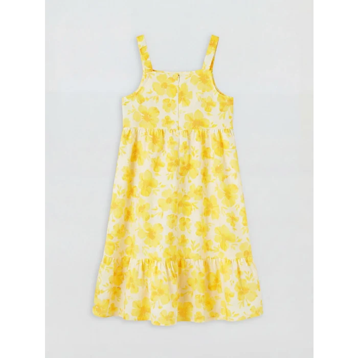 LCW Kids Sarı Kare Yaka Çiçekli Kız Çocuk Poplin Elbise