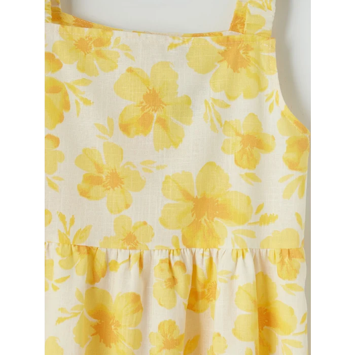 LCW Kids Sarı Kare Yaka Çiçekli Kız Çocuk Poplin Elbise
