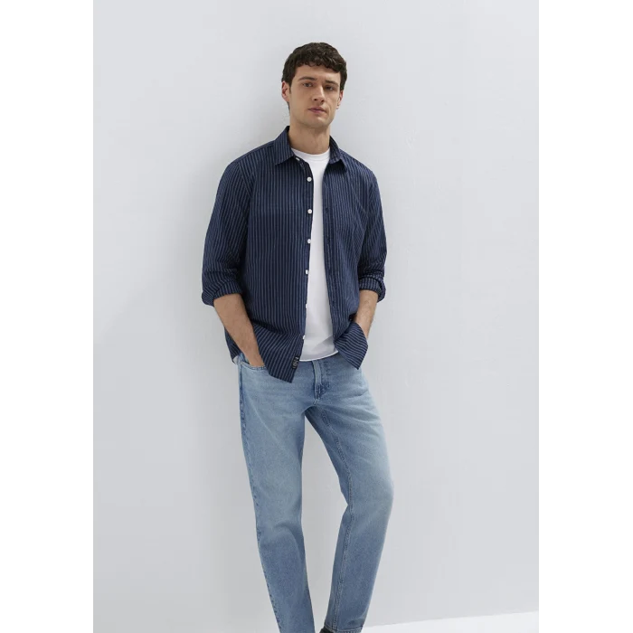Mavi 0212004-91566 Keten Karışımlı Çizgili Lacivert Gömlek