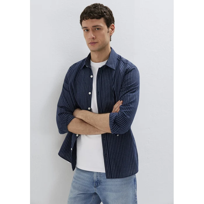 Mavi 0212004-91566 Keten Karışımlı Çizgili Lacivert Gömlek