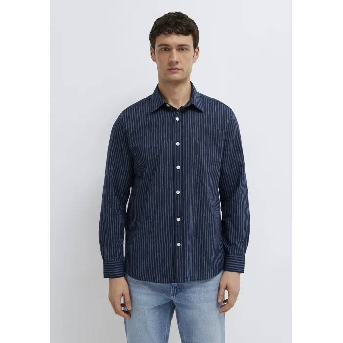 Mavi 0212004-91566 Keten Karışımlı Çizgili Lacivert Gömlek