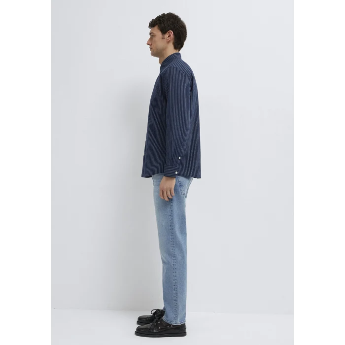 Mavi 0212004-91566 Keten Karışımlı Çizgili Lacivert Gömlek