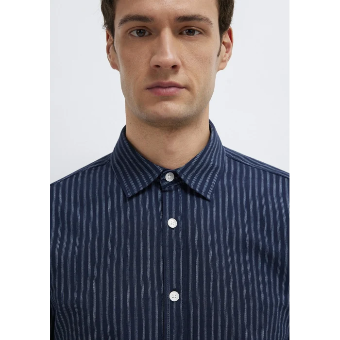 Mavi 0212004-91566 Keten Karışımlı Çizgili Lacivert Gömlek