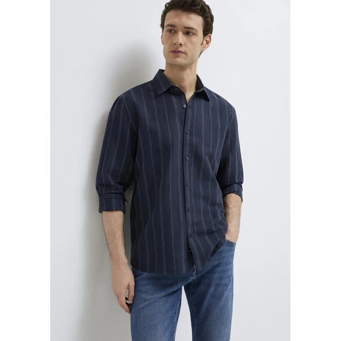 Mavi 0211979-91592 Keten Karışımlı Çizgili Lacivert Gömlek