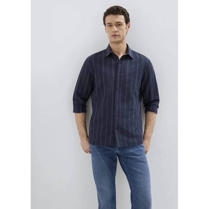 Mavi 0211979-91592 Keten Karışımlı Çizgili Lacivert Gömlek