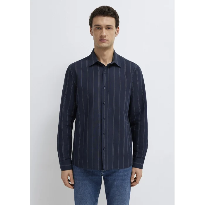 Mavi 0211979-91592 Keten Karışımlı Çizgili Lacivert Gömlek