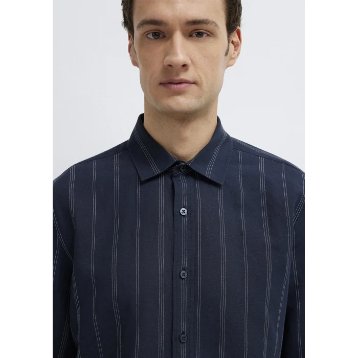 Mavi 0211979-91592 Keten Karışımlı Çizgili Lacivert Gömlek