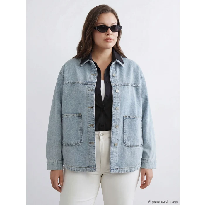 LCWAIKIKI Classic İndigo Gömlek Yaka Oversize Kadın Jean Ceket