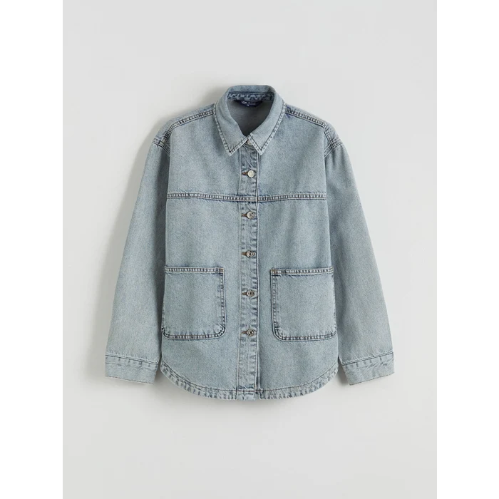 LCWAIKIKI Classic İndigo Gömlek Yaka Oversize Kadın Jean Ceket