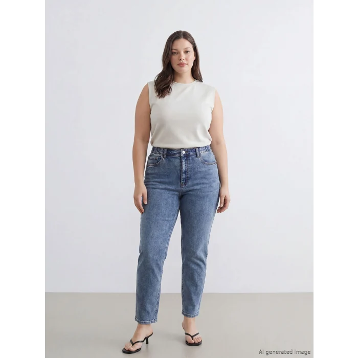 LCWAIKIKI Classic İndigo Beli Lastikli Slim Mom Kadın Jean Pantolon