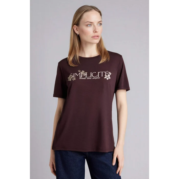 Defacto G9260AXBN340 Kahve Regular Fıt Baskılı Tişört