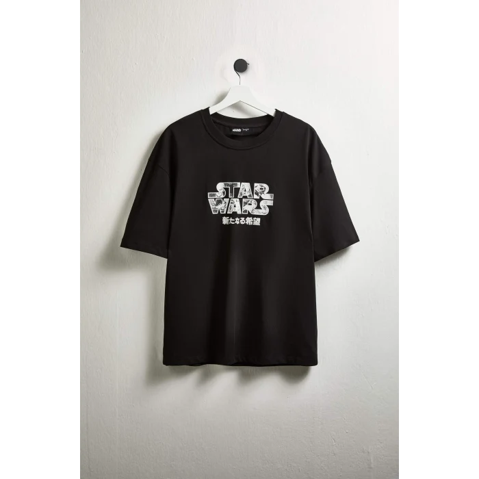 Defacto H0250AXBK81 Siyah Star Wars Boxy Fıt Baskılı Tişört