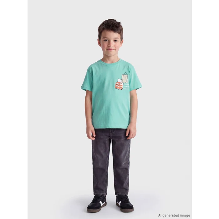 LCW Kids Turkuaz London Baskılı Erkek Çocuk Penye Tişört