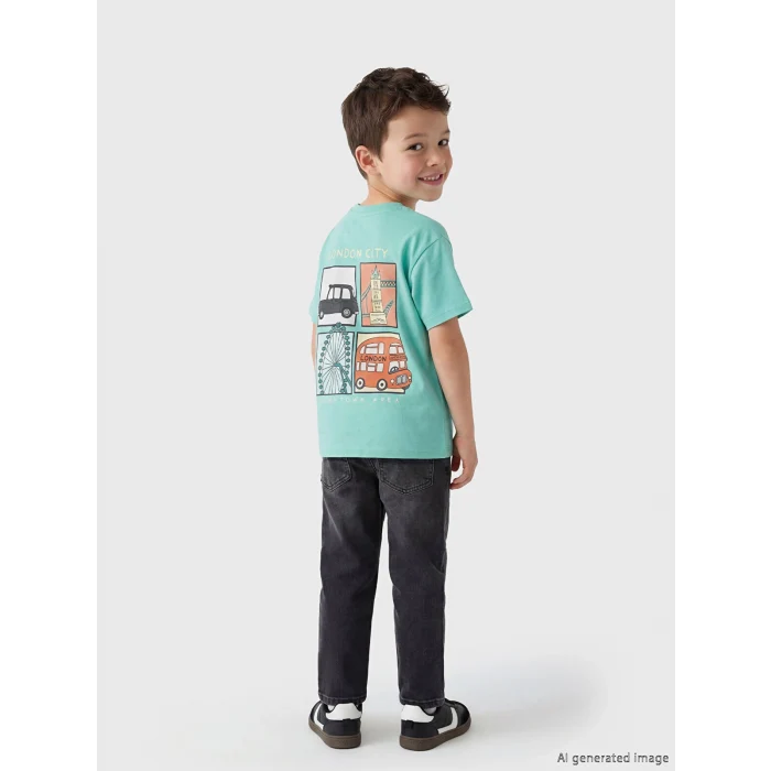 LCW Kids Turkuaz London Baskılı Erkek Çocuk Penye Tişört