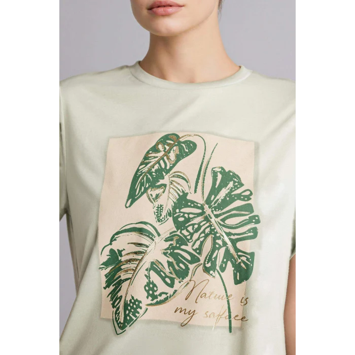 Defacto H2454AXGN1156 Yeşil Regular Fıt Bisiklet Yaka Baskılı Kısa Kollu Tişört