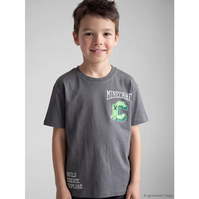 LCW Kids Gri Minecraft Baskılı Erkek Çocuk Tişört