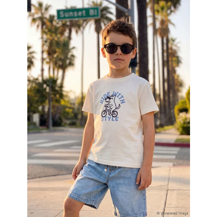 LCW Kids Bej Bisiklet Yaka Baskılı Erkek Çocuk Tişört
