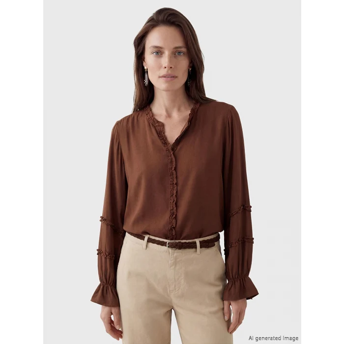 LCW Grace Kahverengi V Yaka Fırfırlı Bluz