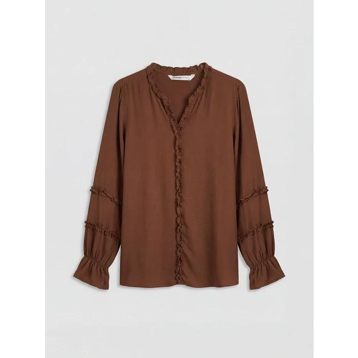 LCW Grace Kahverengi V Yaka Fırfırlı Bluz