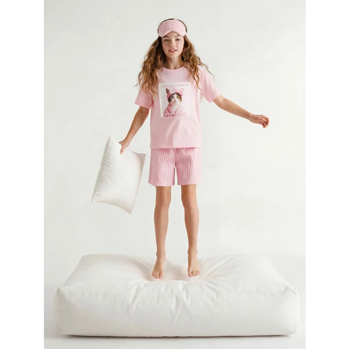 LCW Kids Pembe Baskılı Kız Çocuk Şortlu Pijama Takımı