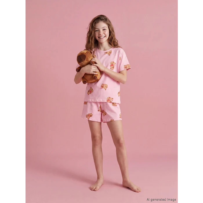 LCW Kids Pembe Baskılı Kız Çocuk Şortlu Pijama Takımı