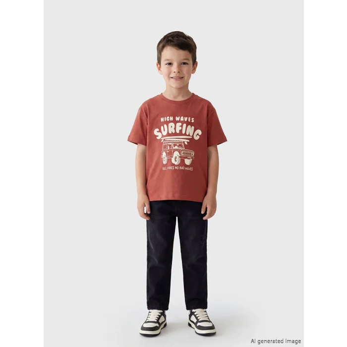 LCW Kids Pembe Bisiklet Yaka Baskılı Erkek Çocuk Tişört