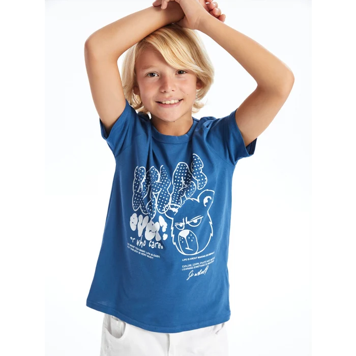 LCW Kids Mavi Bisiklet Yaka Baskılı Kısa Kollu Erkek Çocuk Tişört