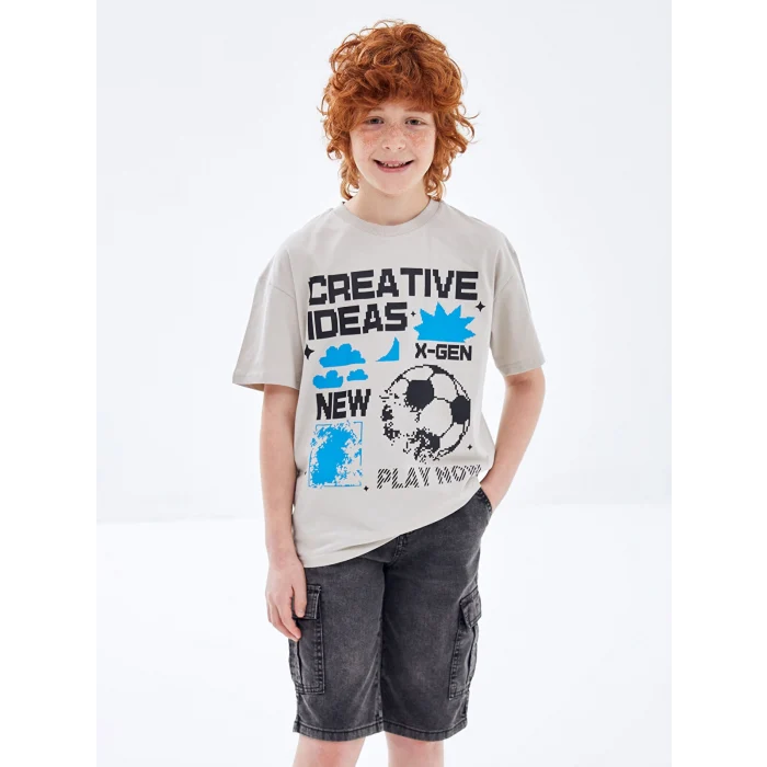 LCW Kids Bej Oversize Bisiklet Yaka Erkek Çocuk Tişört