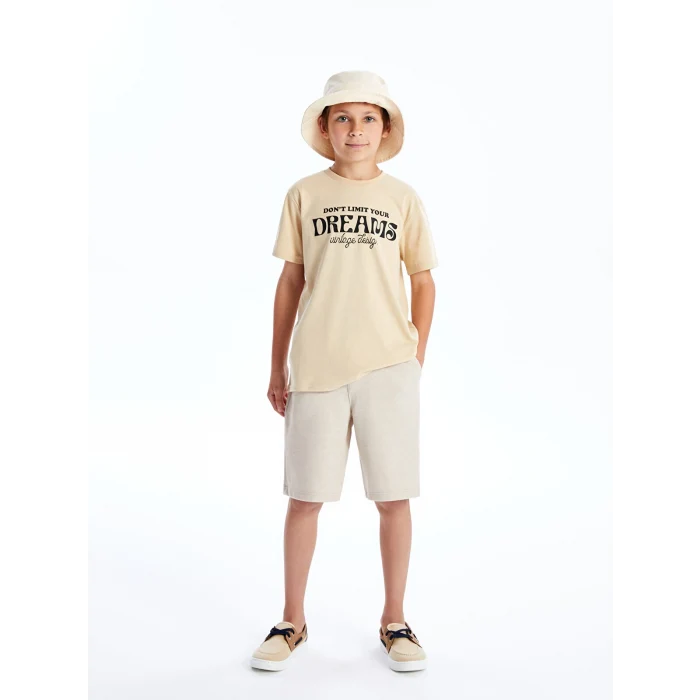 LCW Kids Bej Bisiklet Yaka Baskılı Kısa Kollu Erkek Çocuk Tişört