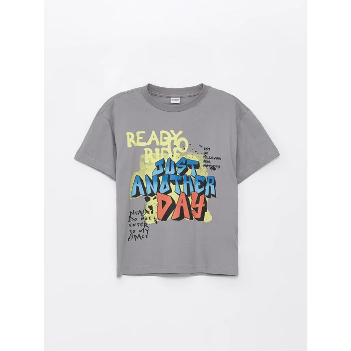 LCW Kids Gri Oversize Bisiklet Yaka Erkek Çocuk Tişört