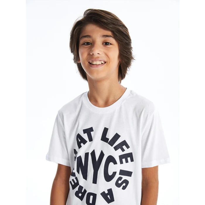 LCW Kids Beyaz Bisiklet Yaka Baskılı Kısa Kollu Erkek Çocuk Tişört