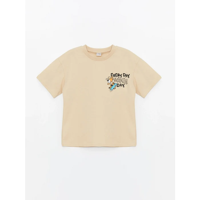 LCW Kids Bej Oversize Bisiklet Yaka Erkek Çocuk Tişört