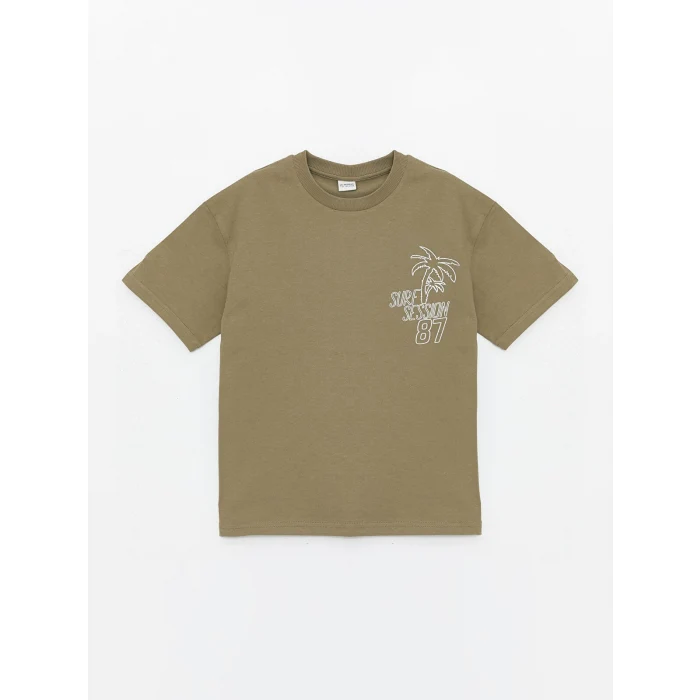 LCW Kids Haki Bisiklet Yaka Oversize Tok Kumaş Erkek Çocuk Tişört
