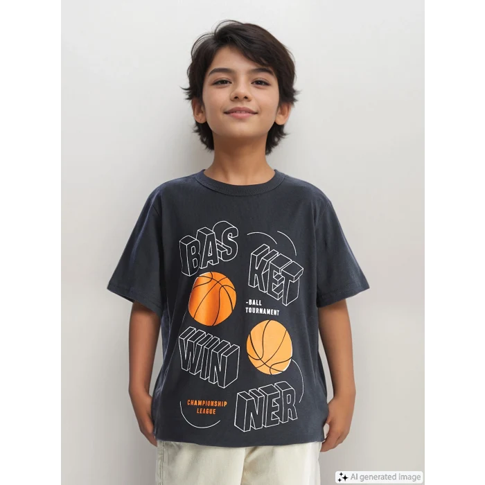 LCW Kids Antrasit Bisiklet Yaka Baskılı Kısa Kollu Erkek Çocuk Tişört