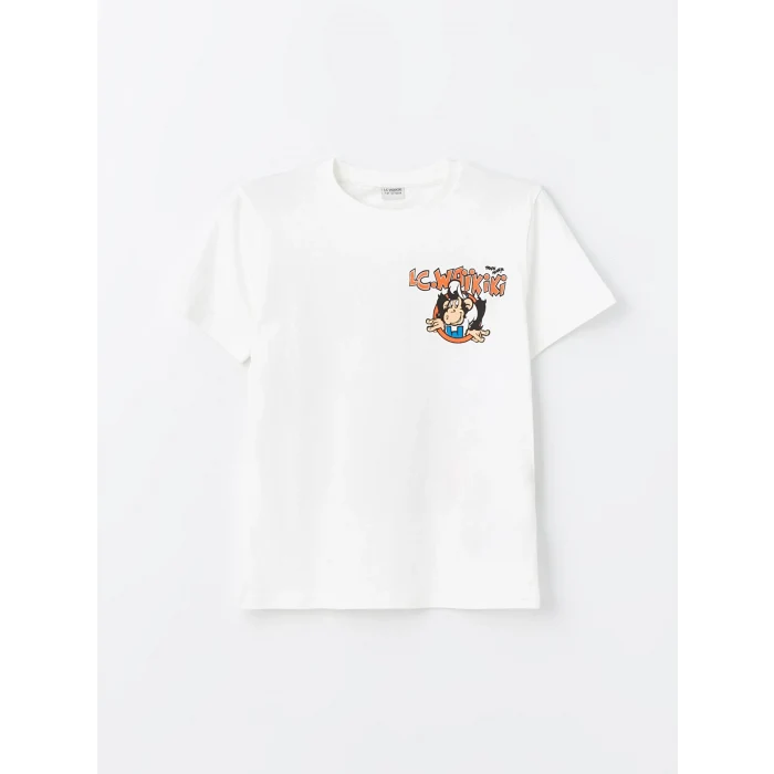 LCW Kids Beyaz Bisiklet Yaka Nostaljik Maymun Baskılı Kısa Kollu Erkek Çocuk Tişört