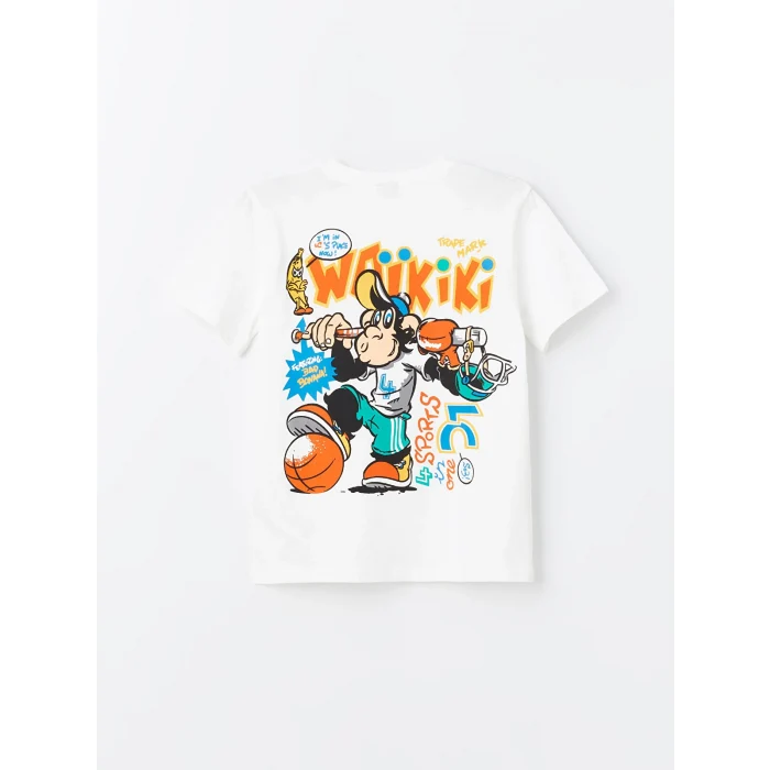 LCW Kids Beyaz Bisiklet Yaka Nostaljik Maymun Baskılı Kısa Kollu Erkek Çocuk Tişört
