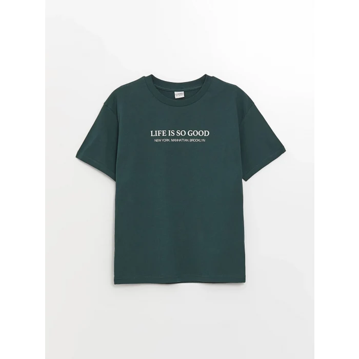 LCW Kids Yeşil Bisiklet Yaka Oversize Tok Kumaş Erkek Çocuk Tişört