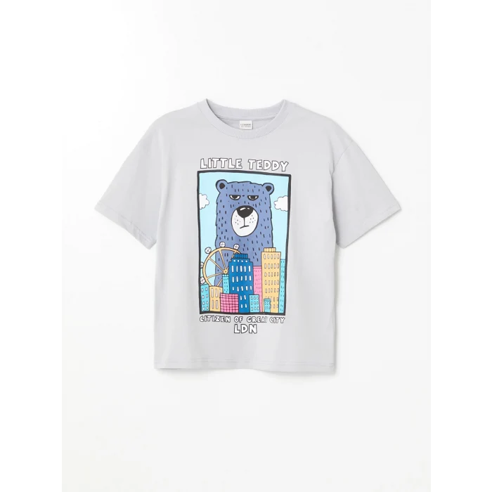 LCW Kids Gri Oversize Bisiklet Yaka Erkek Çocuk Tişört
