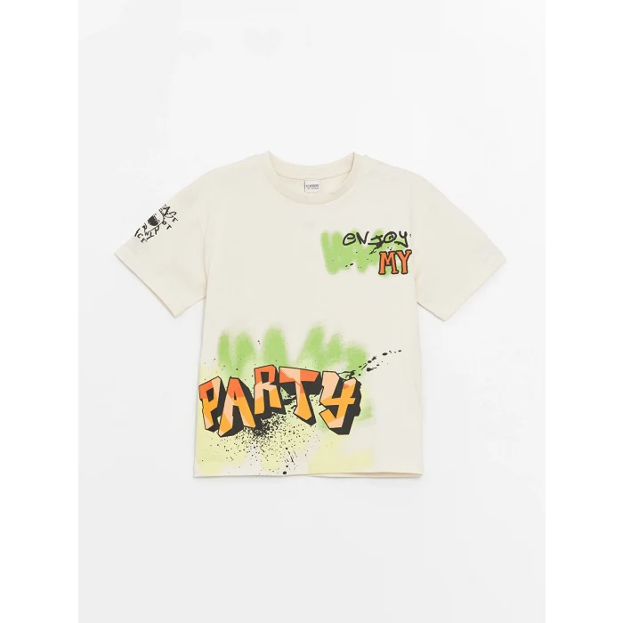LCW Kids Bej Oversize Bisiklet Yaka Erkek Çocuk Tişört