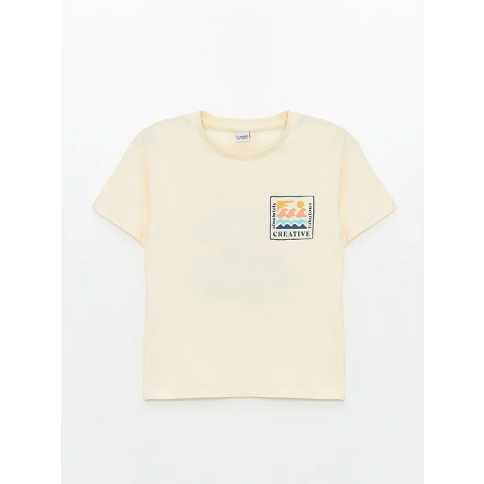 LCW Kids Bej Oversize Bisiklet Yaka Erkek Çocuk Tişört
