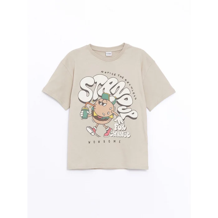 LCW Kids Bej Oversize Bisiklet Yaka Erkek Çocuk Tişört
