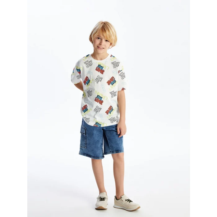 LCW Kids Ekru Oversize Bisiklet Yaka Erkek Çocuk Tişört