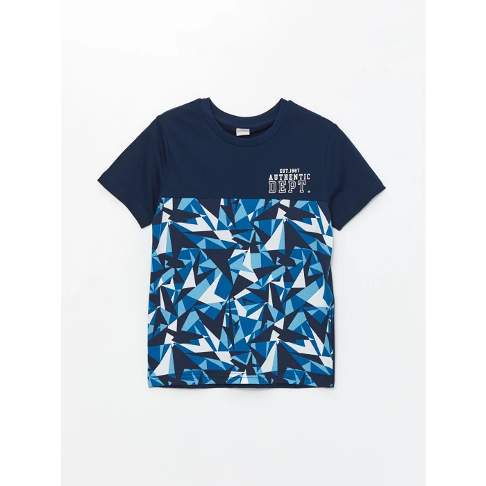 LCW Kids Lacivert Bisiklet Yaka Baskılı Kısa Kollu Erkek Çocuk Tişört