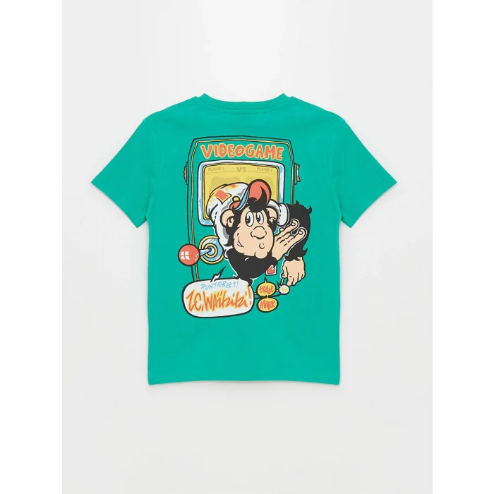 LCW Kids Yeşil Bisiklet Yaka Nostaljik Maymun Baskılı Kısa Kollu Erkek Çocuk Tişört