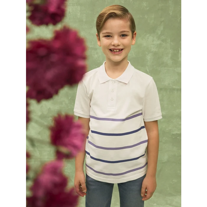 LCW Kids Beyaz Polo Yaka Çizgili Kısa Kollu Erkek Çocuk Tişört