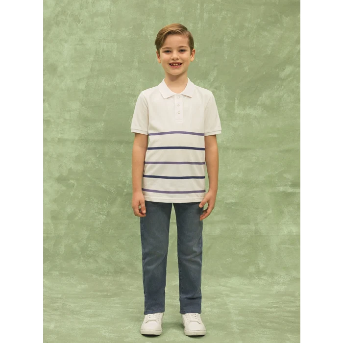 LCW Kids Beyaz Polo Yaka Çizgili Kısa Kollu Erkek Çocuk Tişört