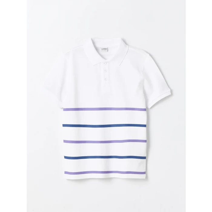 LCW Kids Beyaz Polo Yaka Çizgili Kısa Kollu Erkek Çocuk Tişört