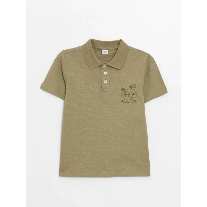 LCW Kids Haki Polo Yaka Baskılı Kısa Kollu Erkek Çocuk Tişört